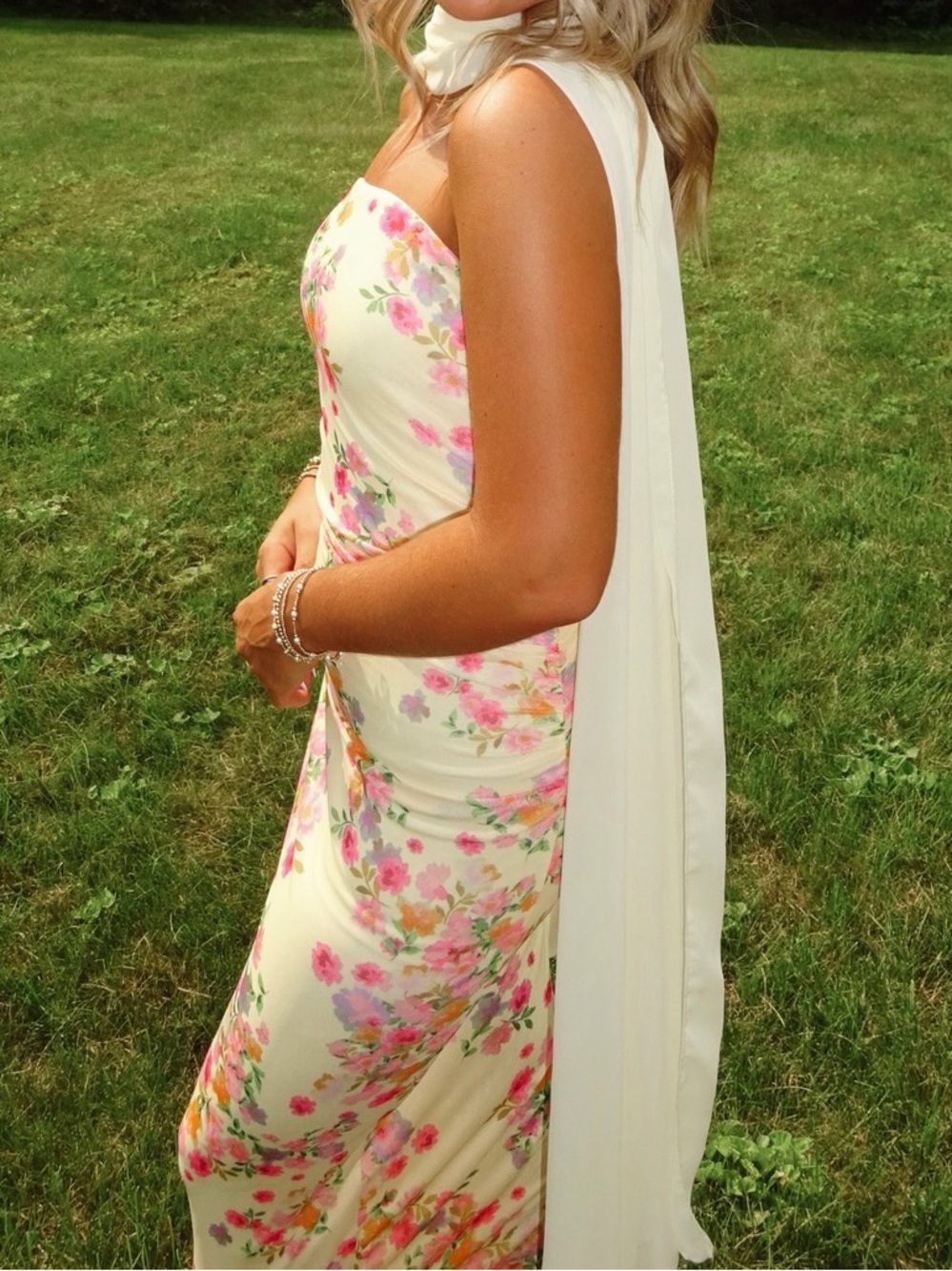 Beginning Boutique Yellow Strapless Floral Maxi Dress with Pink Accents